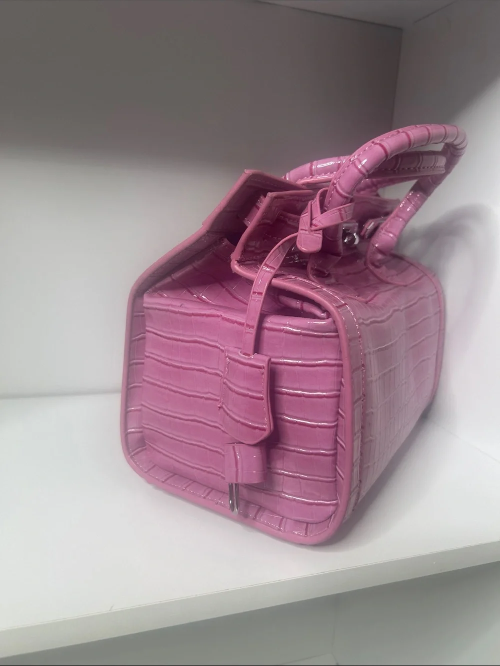 Structured Pink Croc-Embossed Patent Satchel
